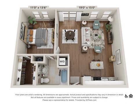 Floor plan for 1 bed, 1 bath, 768 sqft